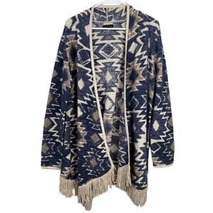 Lucky Brand Brown Navy Aztec/Western Fringed Long Sleeved Wrap